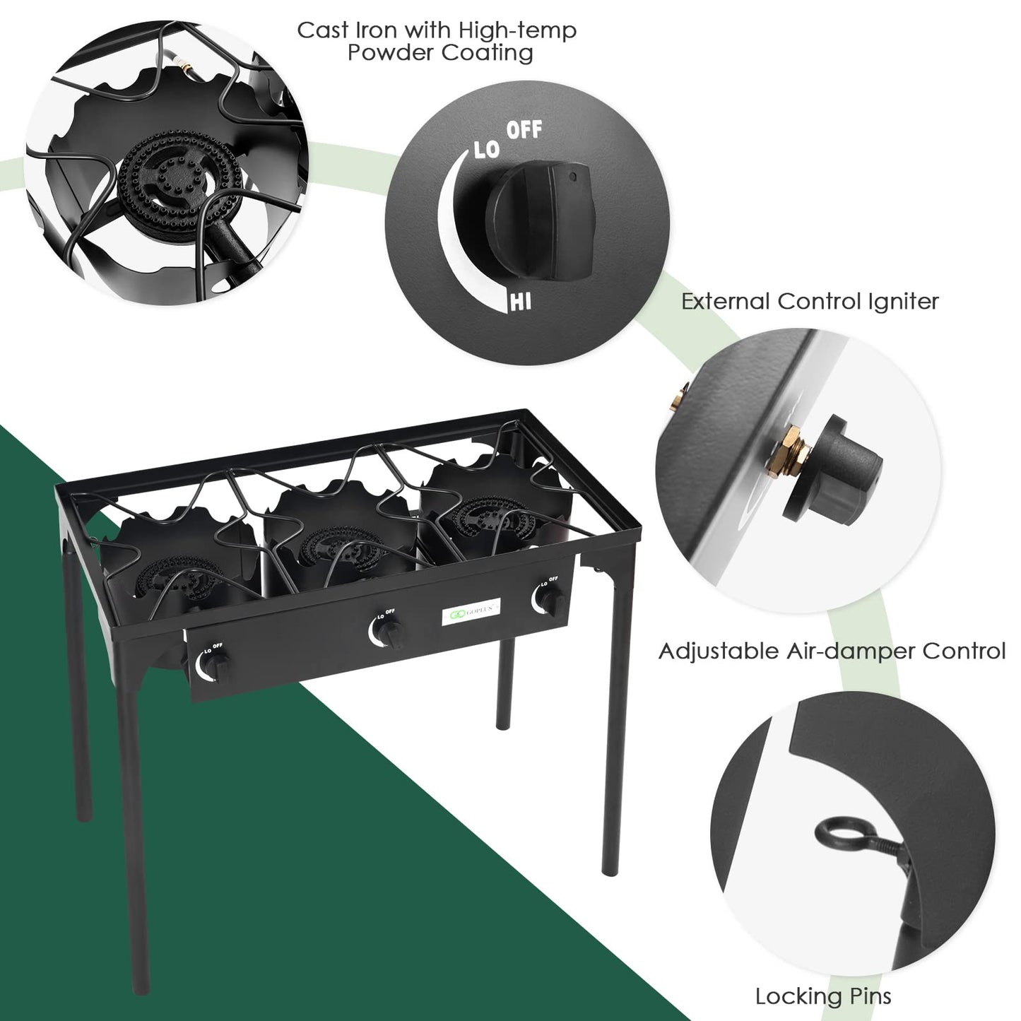 Goplus Outdoor Camping Stove, 3 Burner Propane Gas Cooker w/Detachable Legs & CSA Regulator & 0-20 PSI Regulator for Camp Patio RV, Cast Iron, 225,000-BTU