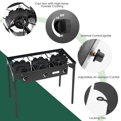 Goplus Outdoor Camping Stove, 3 Burner Propane Gas Cooker w/Detachable Legs & CSA Regulator & 0-20 PSI Regulator for Camp Patio RV, Cast Iron, 225,000-BTU