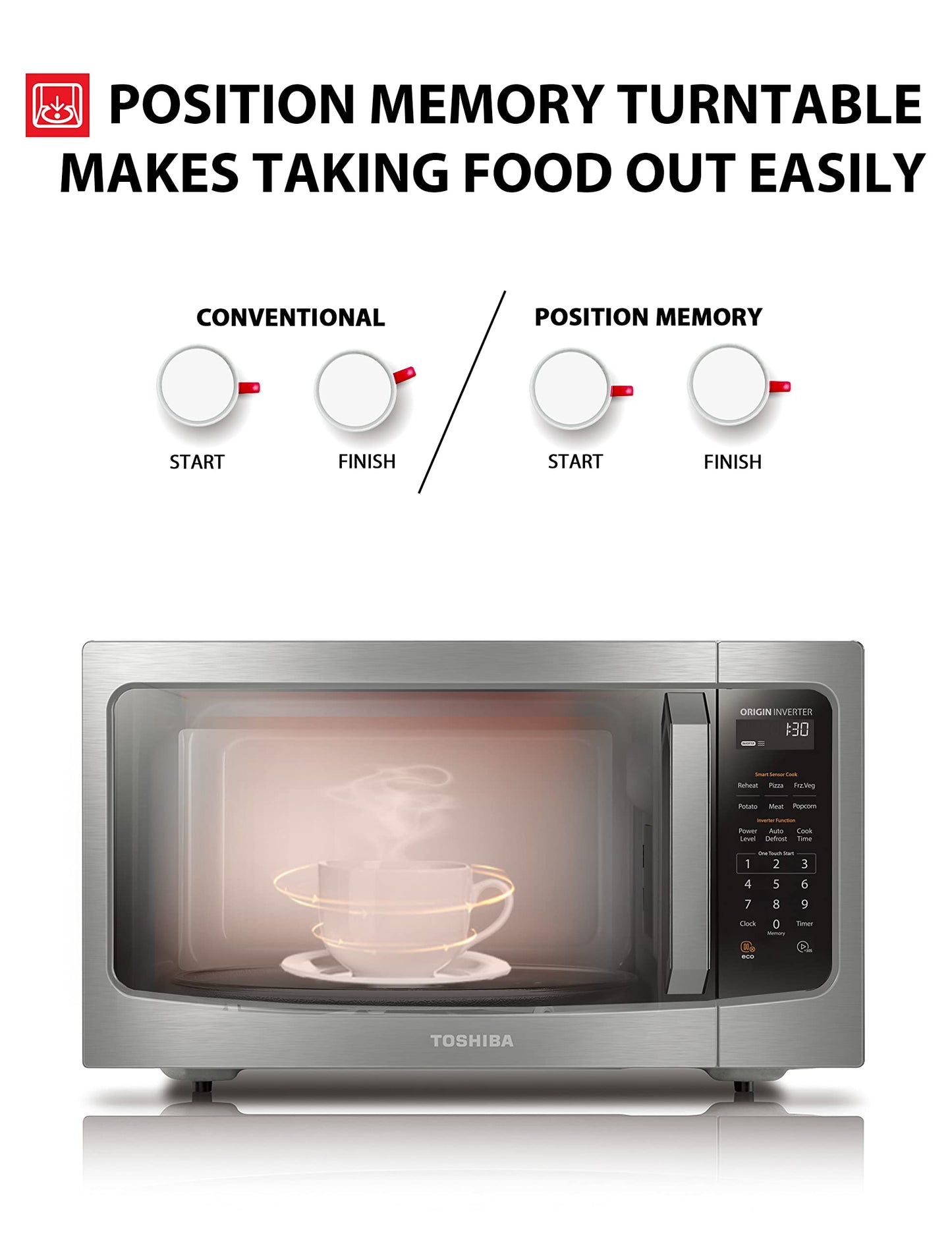 TOSHIBA ML-EM45PIT(SS) Countertop Microwave Oven with Inverter Technology, Kitchen Essentials, Smart Sensor, Auto Defrost, 1.6 Cu.ft, 13.6" Removable Turntable, 33lb.&1250W, Stainless Steel