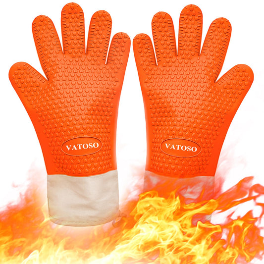 VATOSO Silicone Smoker Oven Gloves BBQ Gloves Heat Resistant,Beat Heat and Fire,Grill Gloves for Handling Hot Meat,Waterproof Heatproof Kitchen Oven Mitts,for Grilling,Cooking,Baking,Barbecue,Pit