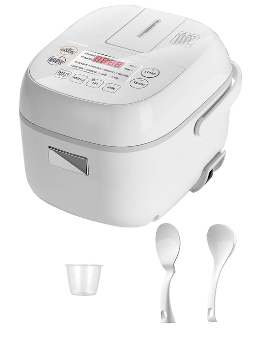 Toshiba Mini Rice Cooker, 3 Cups Uncooked Small Rice Cooker, Steamer & Warmer, With Fuzzy Logic And One-Touch Cooking, 24 Hour Delay Timer And Auto Keep Warm Feature, White