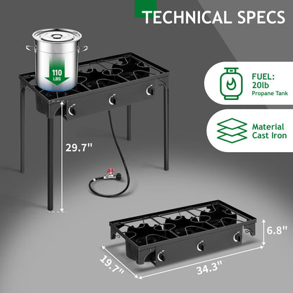 Karl home 3 Burner Propane Gas Stove for Outdoor Cooking, 225,000 BTU Camping Cooker with Removable Legs & Adjustable PSI Regulator for Backyard Cooking BBQ Baking Frying