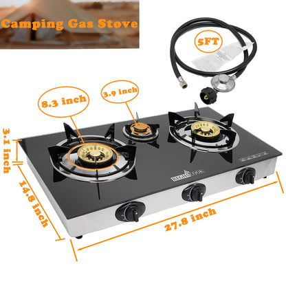 RegiisCook 3 Burner Propane Gas Cooktop,Camping Portable LPG Gas Stove, Auto Ignition Tempered Glass Countertop with regulator and burner grate