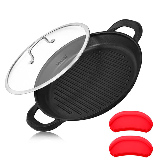 Vinchef Nonstick Grill Pan for Stove tops | 13.0" Skillet, Indoor Induction Cast-aluminum Grill Pan with Lid and Anti-Scalding Tools, GRANITEC Nonstick Coating, Dishwasher & Oven Safe