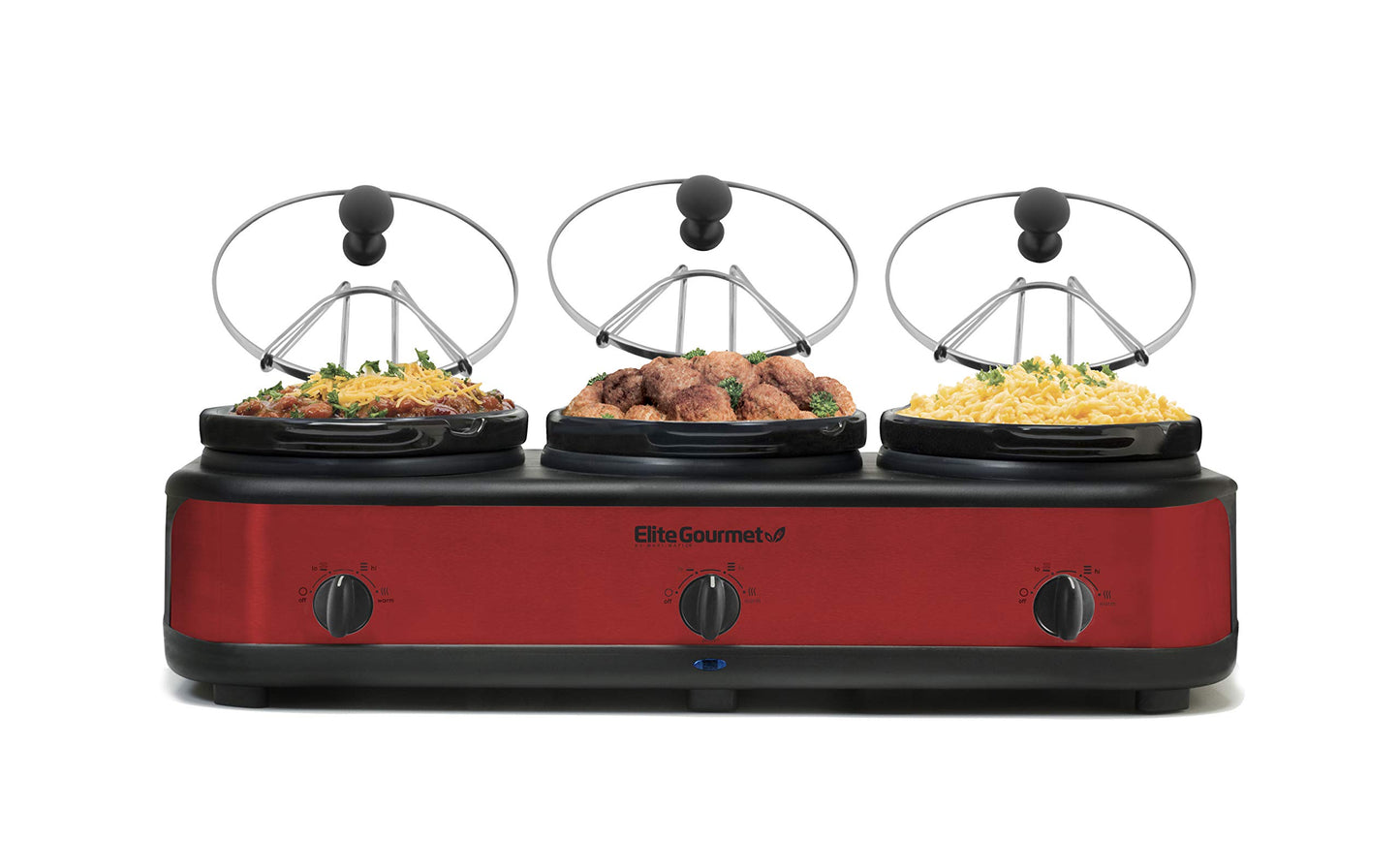 Elite Gourmet EWMST-325R Maxi-Matic Triple Slow Cooker Buffet Server Adjustable Temp Dishwasher-Safe Oval Ceramic Pots, Lid Rests, 3 x 2.5 Qt Capacity, Red