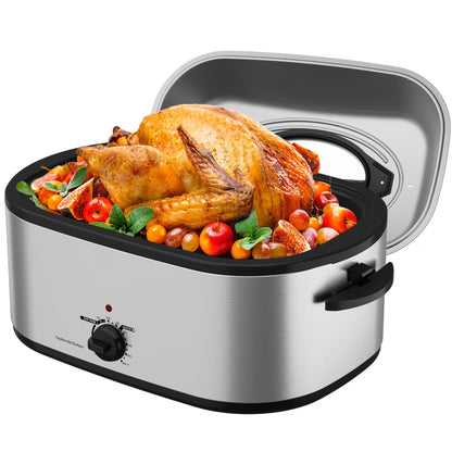 Sunvivi 26 Quart Roaster Oven, Electric Roaster Oven with Glass Lid, Turkey Roaster Oven Buffet with Self-Basting Lid, Removable Pan, Cool-Touch Handles, Silver