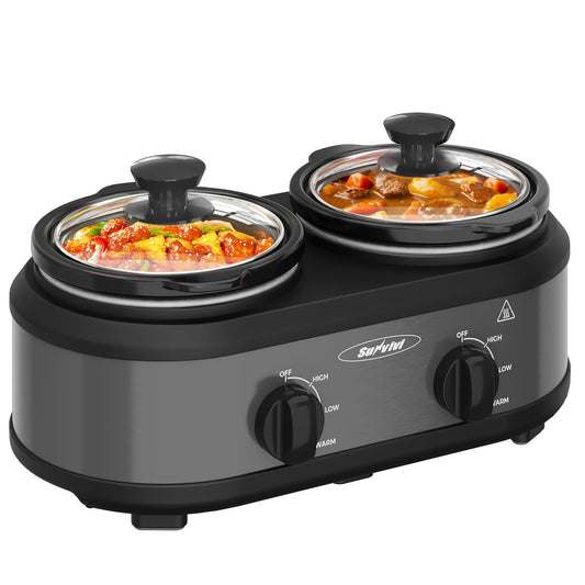 Sunvivi Dual Slow Cooker, Buffet Servers and Warmer with 2 Removable Ceramic Pots, Slow Cooker Food Warmer with Adjustable Temp & Glass Lids, Stainless Steel, 2 x 1.25 QT, Silver Grey