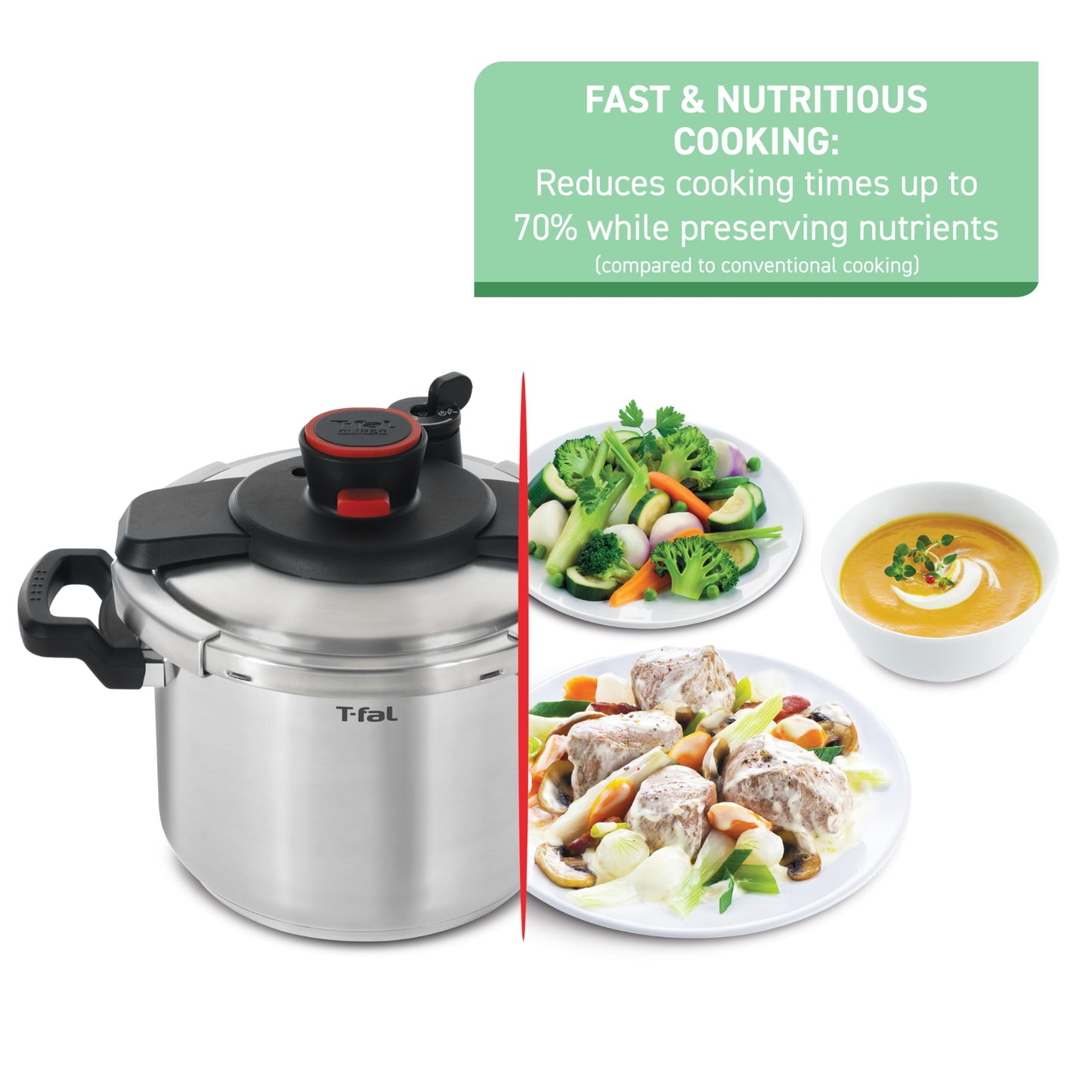 T-fal Clipso Stainless Steel Pressure Cooker 6.3 Quart, Induction , Secure locking System, One Hand System, Recipe Book Included, Cookware, Pots and Pans, Kitchen, Dishwasher Safe, Silver