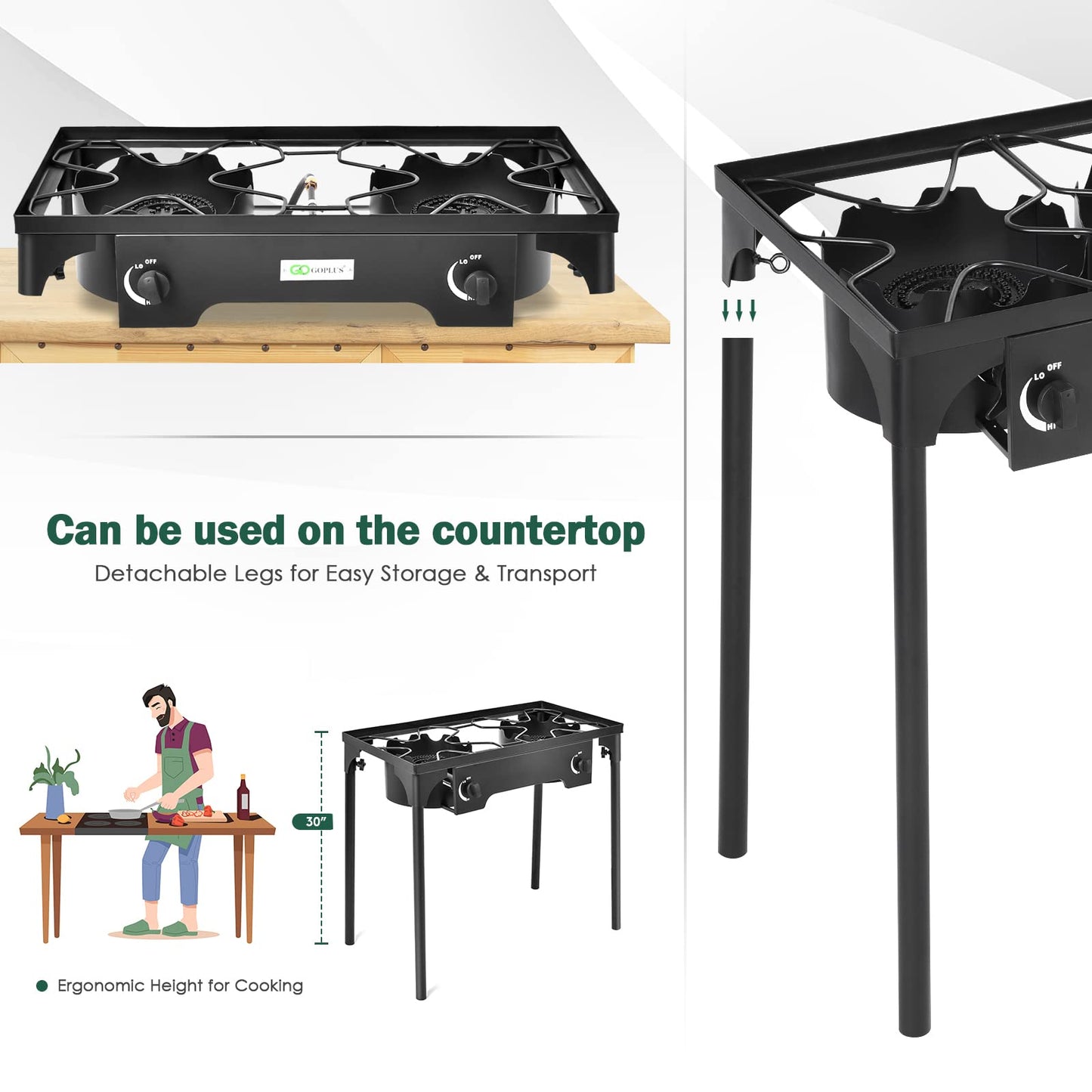 Goplus Outdoor Camping Stove, Dual Burner Propane Gas Cooker w/Detachable Legs & 0-20 PSI Regulator & CSA Approval for Camp Patio RV, Cast Iron, 150,000-BTU