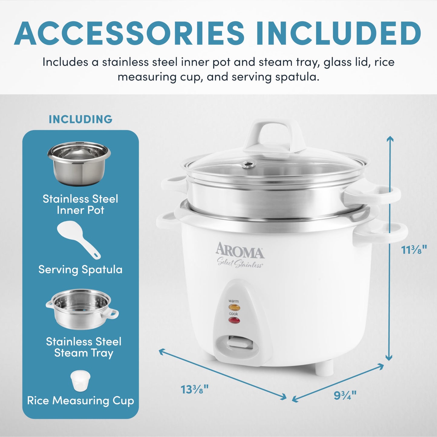 Aroma Housewares 14-Cup (Cooked) / 3Qt. Select Stainless Pot-Style Rice Cooker, & Food Steamer, One-Touch Operation, Automatic Keep Warm Mode, White (ARC-757-1SG)