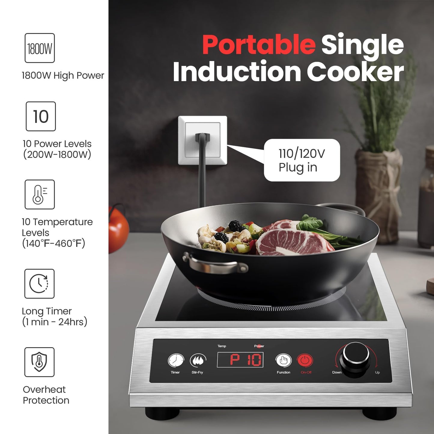 PAYISHO Induction Cooktop Commercial Grade 1800W Portable Cooker,18/10 Stainless Steel,Large Induction burner,Electric stove,Large 8” Heating Coil, 24 Hours Timer,Powerful Professional Hot Plate