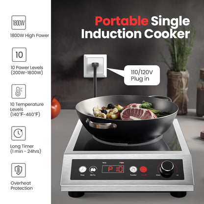 PAYISHO Induction Cooktop Commercial Grade 1800W Portable Cooker,18/10 Stainless Steel,Large Induction burner,Electric stove,Large 8” Heating Coil, 24 Hours Timer,Powerful Professional Hot Plate