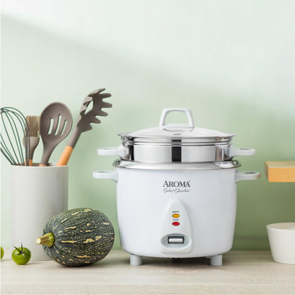 Aroma Housewares 14-Cup (Cooked) / 3Qt. Select Stainless Pot-Style Rice Cooker, & Food Steamer, One-Touch Operation, Automatic Keep Warm Mode, White (ARC-757-1SG)