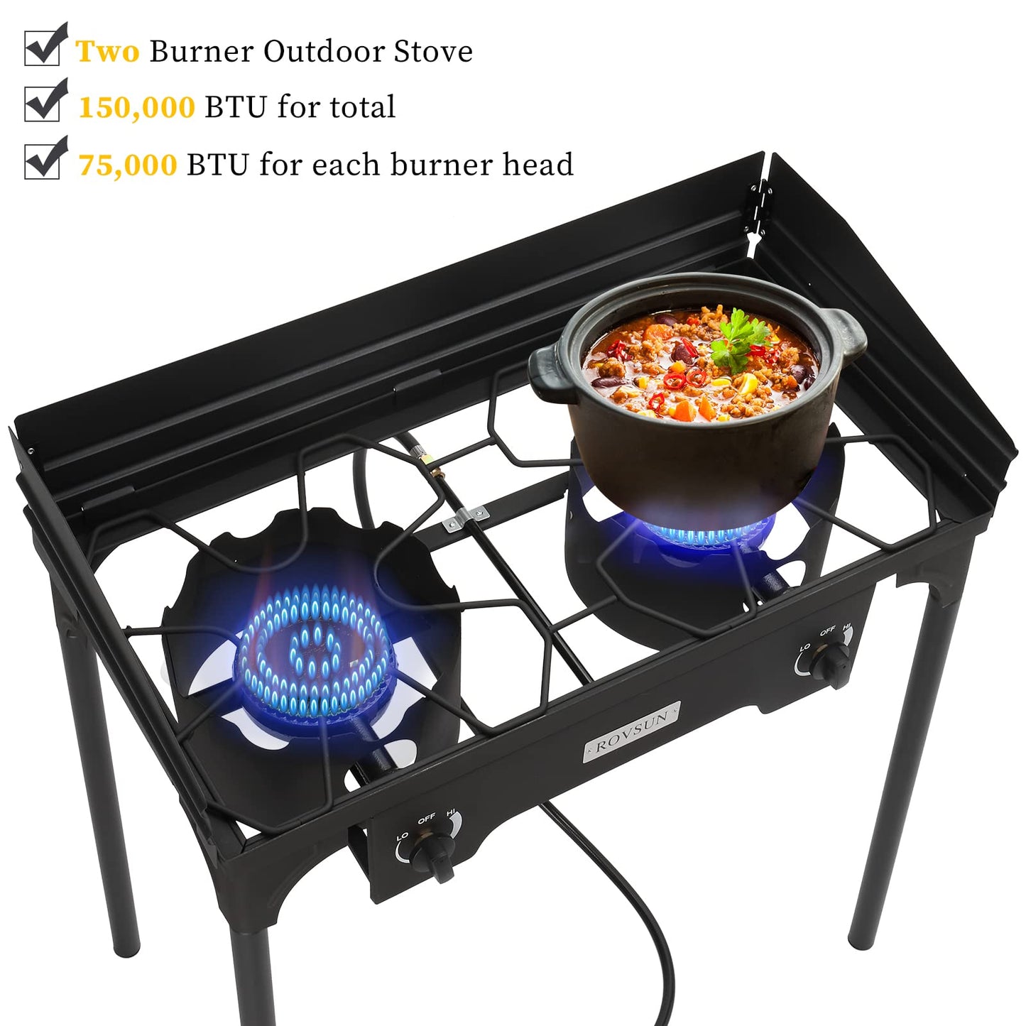 Bonnlo 2-Burner Outdoor Portable Propane Burner Stove 150,000-BTU Gas Cooker with Windscreen & Carrying Bag, Heavy Duty Iron Cast Patio Burner with Detachable Stand Legs for Camp Cooking