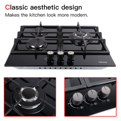 24" Built-in Gas Cooktop, 3 Burner Gas Stovetop, 24 Inch NG/LPG Convertible Natural Gas Propane Cooktops, 3 Burner Gas Stovetop With Thermocouple Protection, Black Tempered Glass-IsEasy