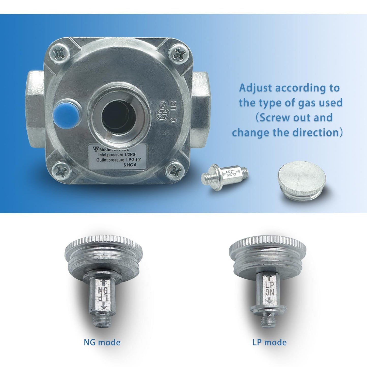 1/2 inch Gas Pressure Regulator,1/2 inch Propane Regulator w/2 Brass Adapters (1/2"x 1/4"), NG/LPG Convertible,1/2" PSI Inlet, 5-10" WC Outlet - Ideal for Gas Grill, Heater, Oven, Stove & Cooktops