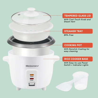 Elite Gourmet ERC-006NST Maxi-Matic Electric Rice Cooker with Non-Stick Inner Pot Makes Soups, Stews, Grains, Cereals, Keep Warm Feature, 6 Cups Cooked (3 Cups Uncooked), White