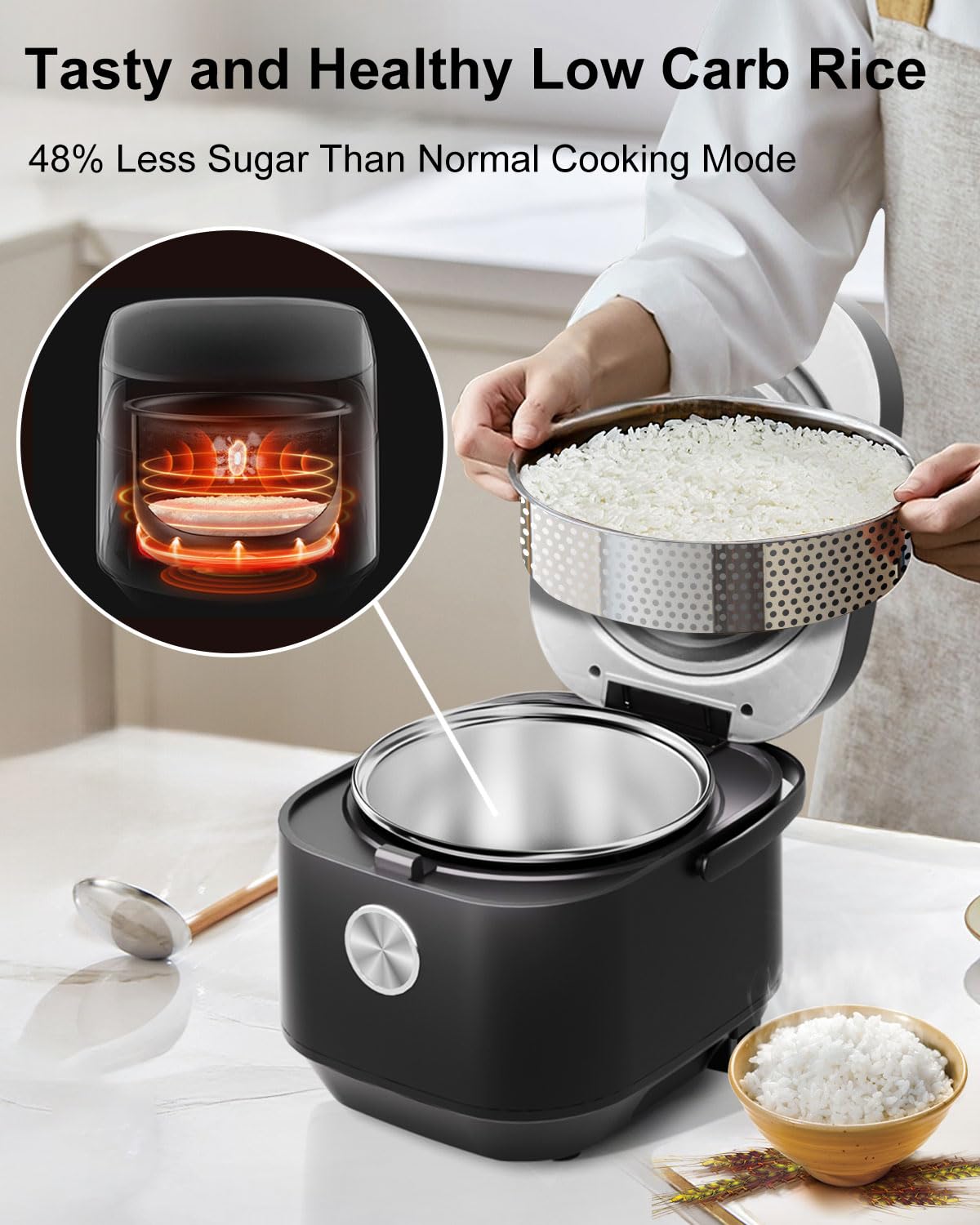 YOKEKON Rice Cooker 10 Cup, Stainless Steel Inner Pot, Low Carb Large 10 Cup Uncooked Rice Maker with Steamer Basket Steamer, 24H Delay Timer and Auto Keep Warm,Brown Rice/Risotto/Oatmeal/Soup/Steam/Slow Cook, Black