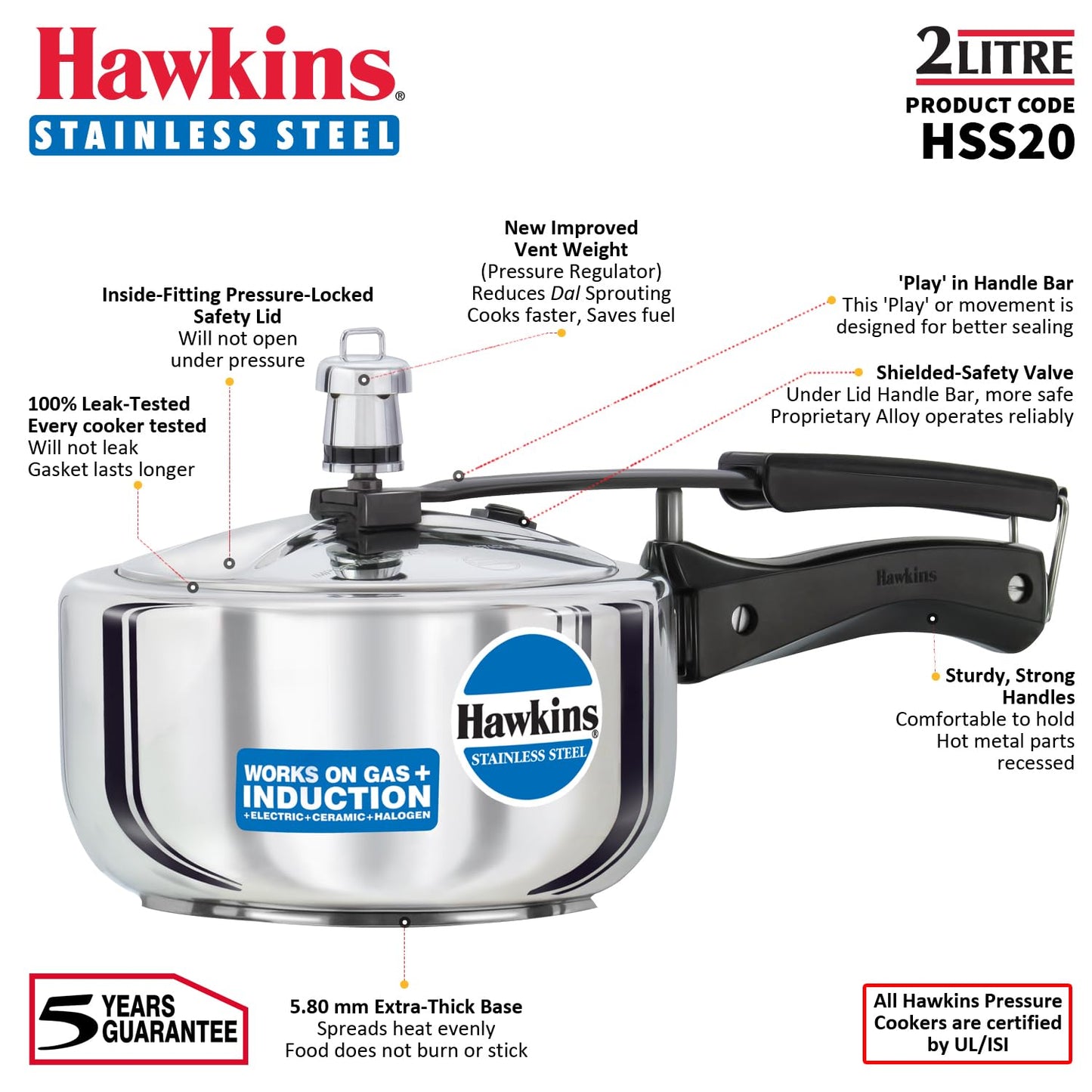 Hawkins B25 Pressure Cooker, 2 Litre, Silver