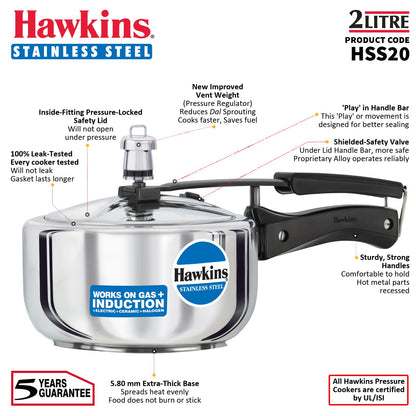 Hawkins B25 Pressure Cooker, 2 Litre, Silver