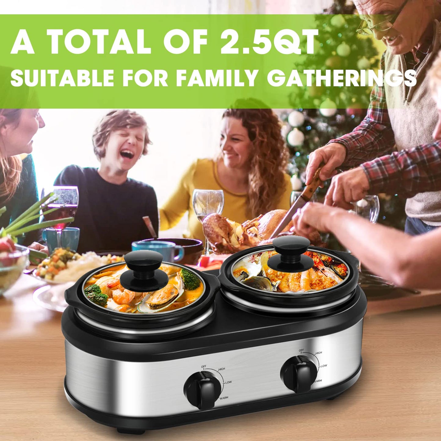 Double Slow Cooker, 2 X 1.25QT Mini Individual Pots with Adjustable Temp, Dishwasher Safe, Portable Buffet Server and Warmer, Safe Ceramic Pots & Glass Lid, Stainless Steel