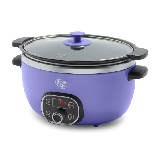 GreenLife 6QT Slow Cooker, Non-Toxic PFAS-Free Ceramic Nonstick Removable Interior Bowl, Programmable, Family Friendly, Keep Warm, Stovetop & Oven Safe, Dishwasher Safe Parts, Timer, Periwinkle