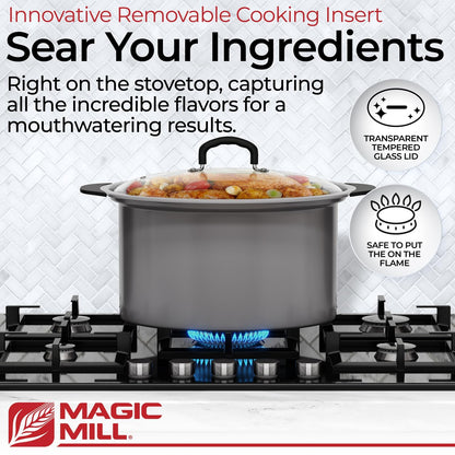 Magic Mill Slow Cooker 10 Quart | Extra Large Non-Stick Metal Searing Pot & Transparent Tempered Glass Lid Multipurpose Lightweight Slow Cookers, Pot is Safe to Put the On the Flame, Dishwasher Safe