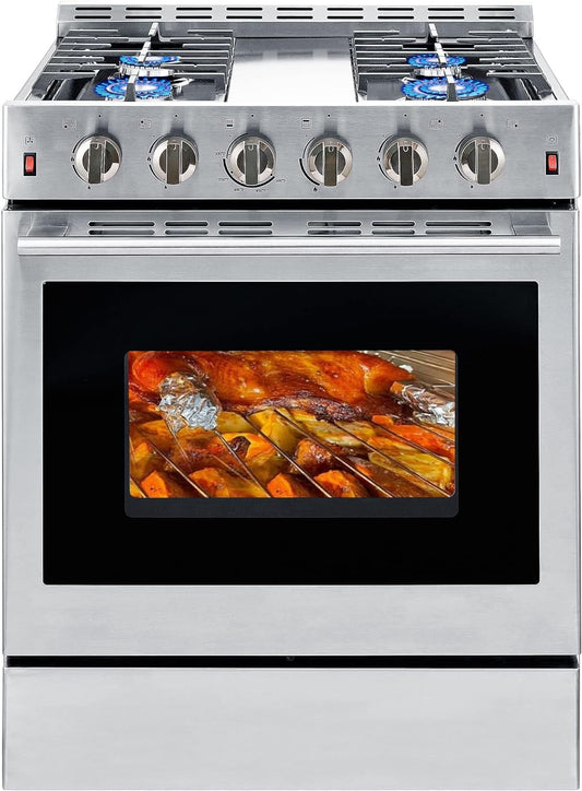 30 inch Freestanding Gas Range Stove Gas Cooktop Stove 5.56 cu.ft.4 Burners 42000BTU Large Convection Oven,3 Layers Tempered Glass Door Heavy Duty Stainless Steel