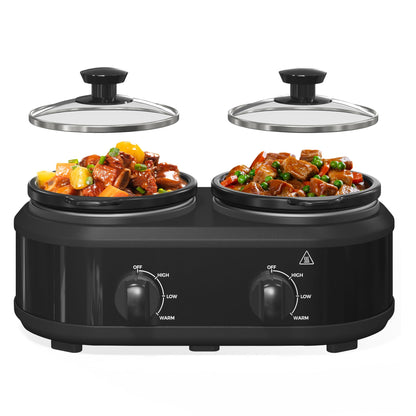 Double Slow Cooker, 2 x 1.25 QT Portable Small Dual Crock Cooker, Buffet Servers and Warmers Dishwasher Safe, Removable Ceramic Pot Glass Lid, Stainless Steel Black