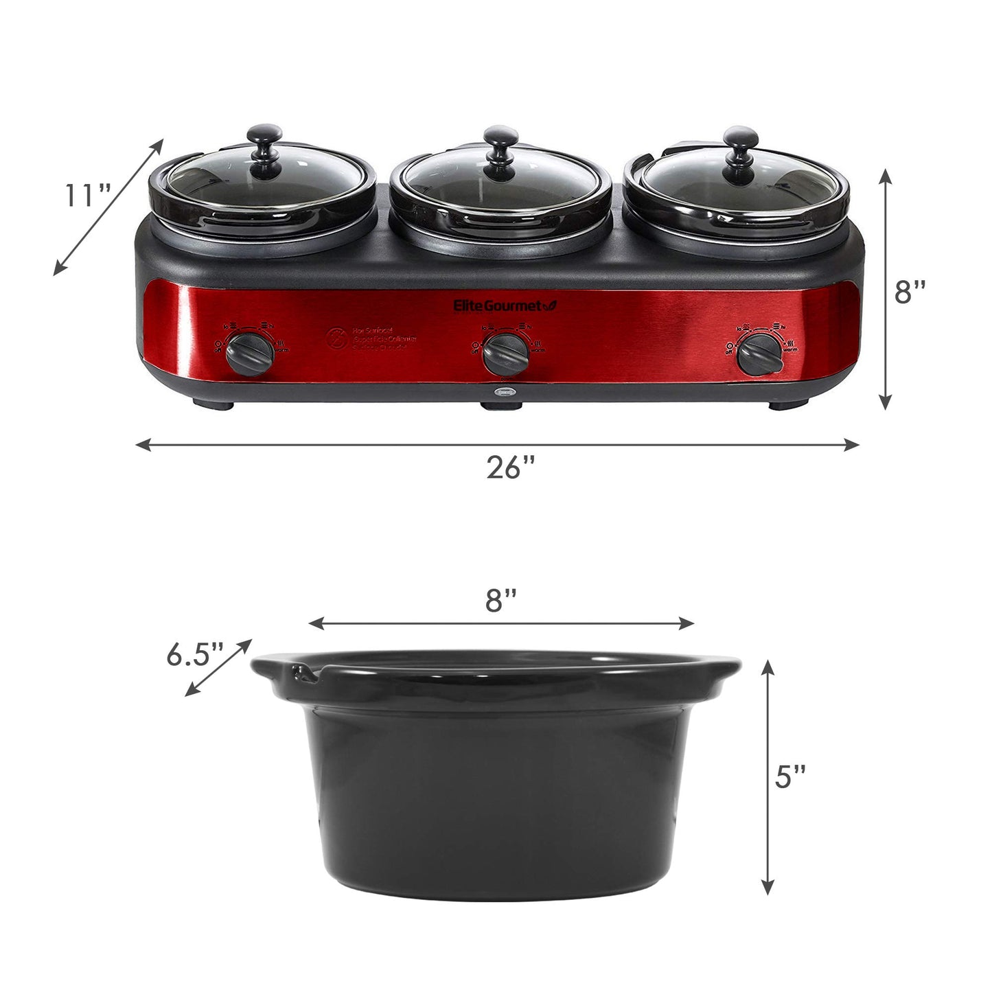 Elite Gourmet EWMST-325R Maxi-Matic Triple Slow Cooker Buffet Server Adjustable Temp Dishwasher-Safe Oval Ceramic Pots, Lid Rests, 3 x 2.5 Qt Capacity, Red