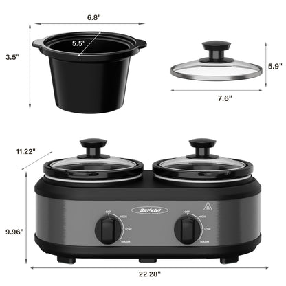 Sunvivi Dual Slow Cooker, Buffet Server & Warmer with 2 Removable Ceramic Pots, 3 Adjustable Temp Settings & 2 Visible Glass Lids, Stainless Steel, 2.5 QT Grey