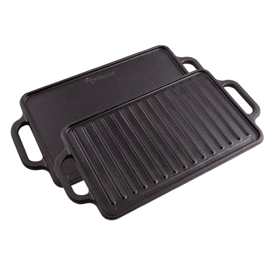 Victoria Rectangular Cast Iron Griddle. Double Burner Griddle, Reversible Griddle Grill, 13 x 8.5 Inch, Seasoned with 100% Kosher Certified Non-GMO Flaxseed Oil, Model: GDL-189