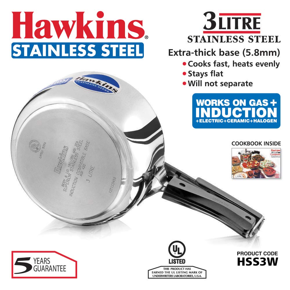 Hawkins B60 Pressure Cooker, 3 L, Stainless Steel, Silver