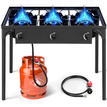 Karl home 3 Burner Propane Gas Stove for Outdoor Cooking, 225,000 BTU Camping Cooker with Removable Legs & Adjustable PSI Regulator for Backyard Cooking BBQ Baking Frying