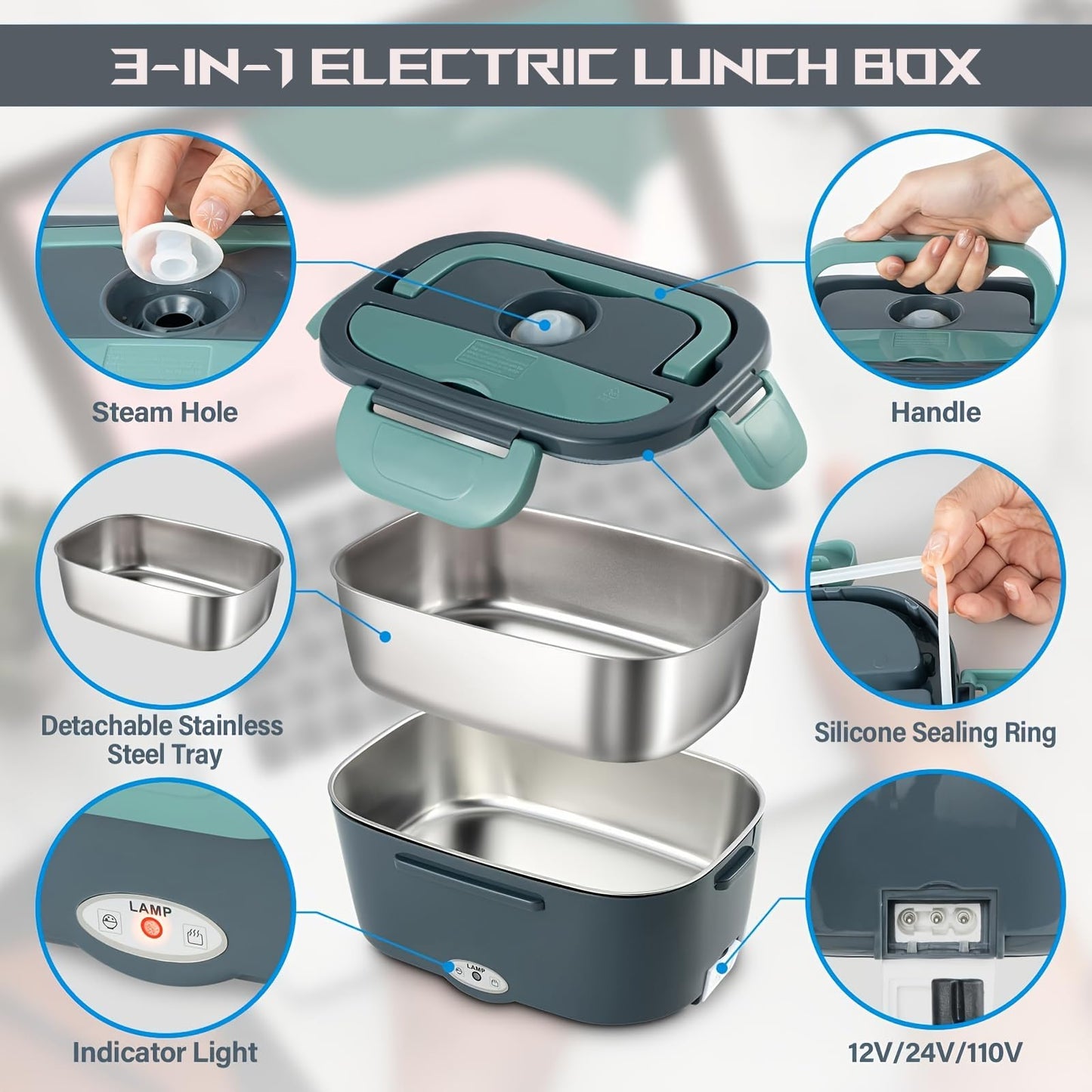 Portable Electric Lunch Box with Fast Charger, Mini Microwave Food Warmer for Adults, 1.5L Stainless Steel Food Containers, 60W Leak Proof Food Warmer 110V 12V 24V for Truck Home Office - Grey