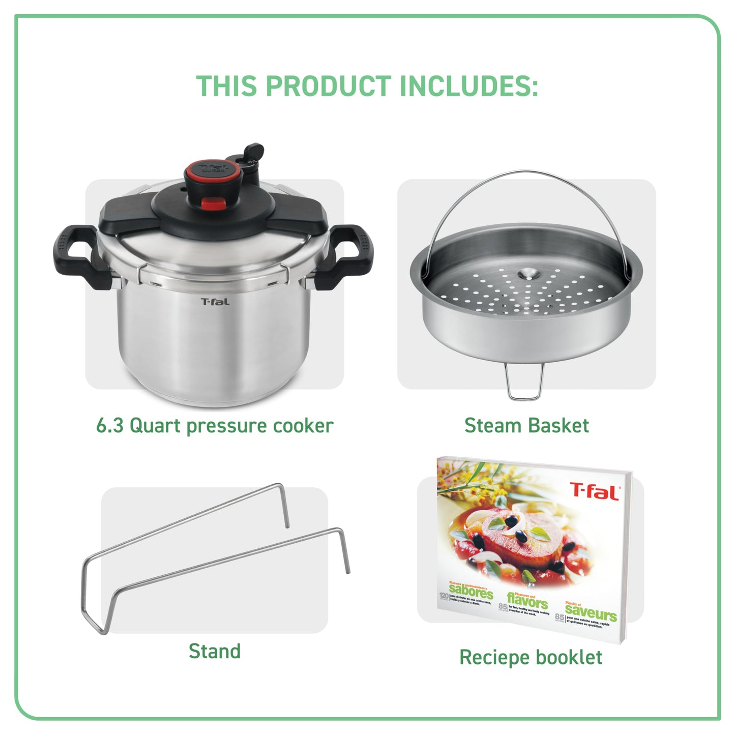 T-fal Clipso Stainless Steel Pressure Cooker 6.3 Quart, Induction , Secure locking System, One Hand System, Recipe Book Included, Cookware, Pots and Pans, Kitchen, Dishwasher Safe, Silver