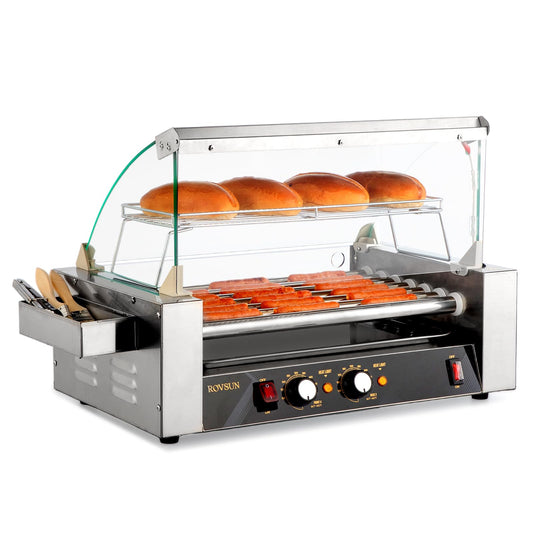 18 Hot Dog 7 Roller 1050W, Hot Dog Roller Grill Cooker Machine w/LED Lighting, Dual Temp Control, Cover, Removable Shelf & Drip Tray for Home Party Commercial ETL Certified