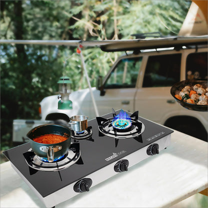 RegiisCook 3 Burner Propane Gas Cooktop,Camping Portable LPG Gas Stove, Auto Ignition Tempered Glass Countertop with regulator and burner grate