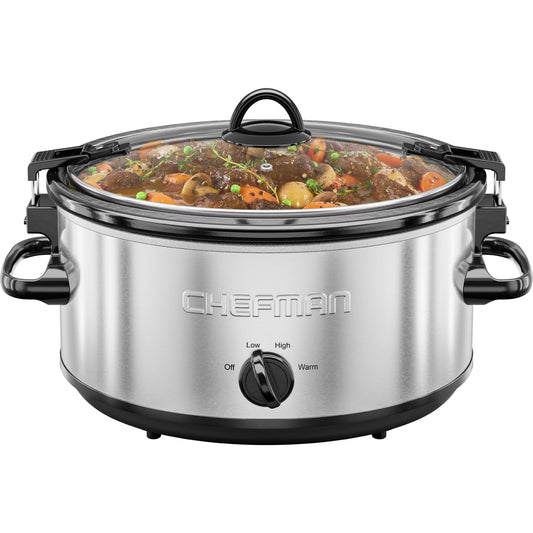 Chefman 6 Quart Slow Cooker with Locking Lid, Ceramic Crock with Portable Cook and Carry Travel Latching Lock, Large Easy Clean Dishwasher Safe Pot Insert, Manual 3 Heat Settings, Stainless Steel