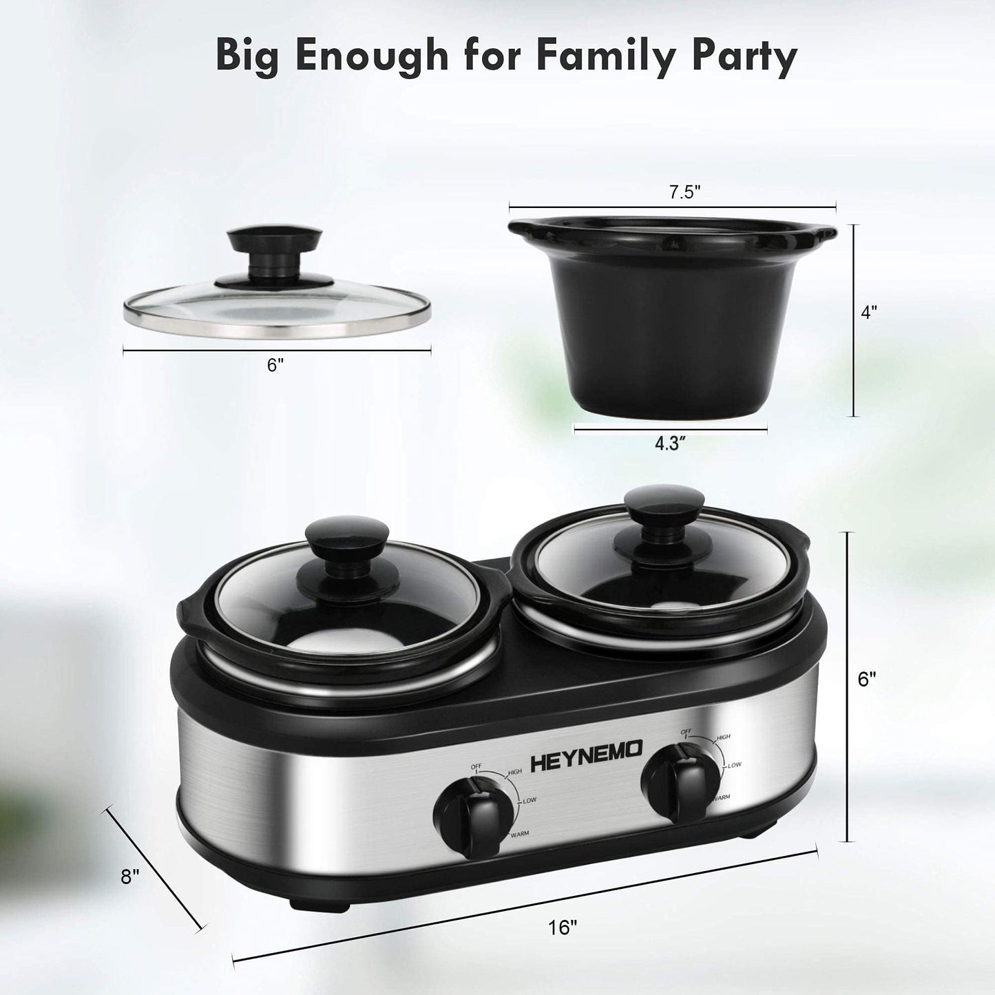 Double Slow Cooker, Buffet Servers and Warmers, Dual 2 Pot Slow Cooker Food Warmer, Adjustable Temp Dishwasher Safe Removable Ceramic Pot Glass Lid, 2 x 1.25 QT Portable Small Crock Cooker