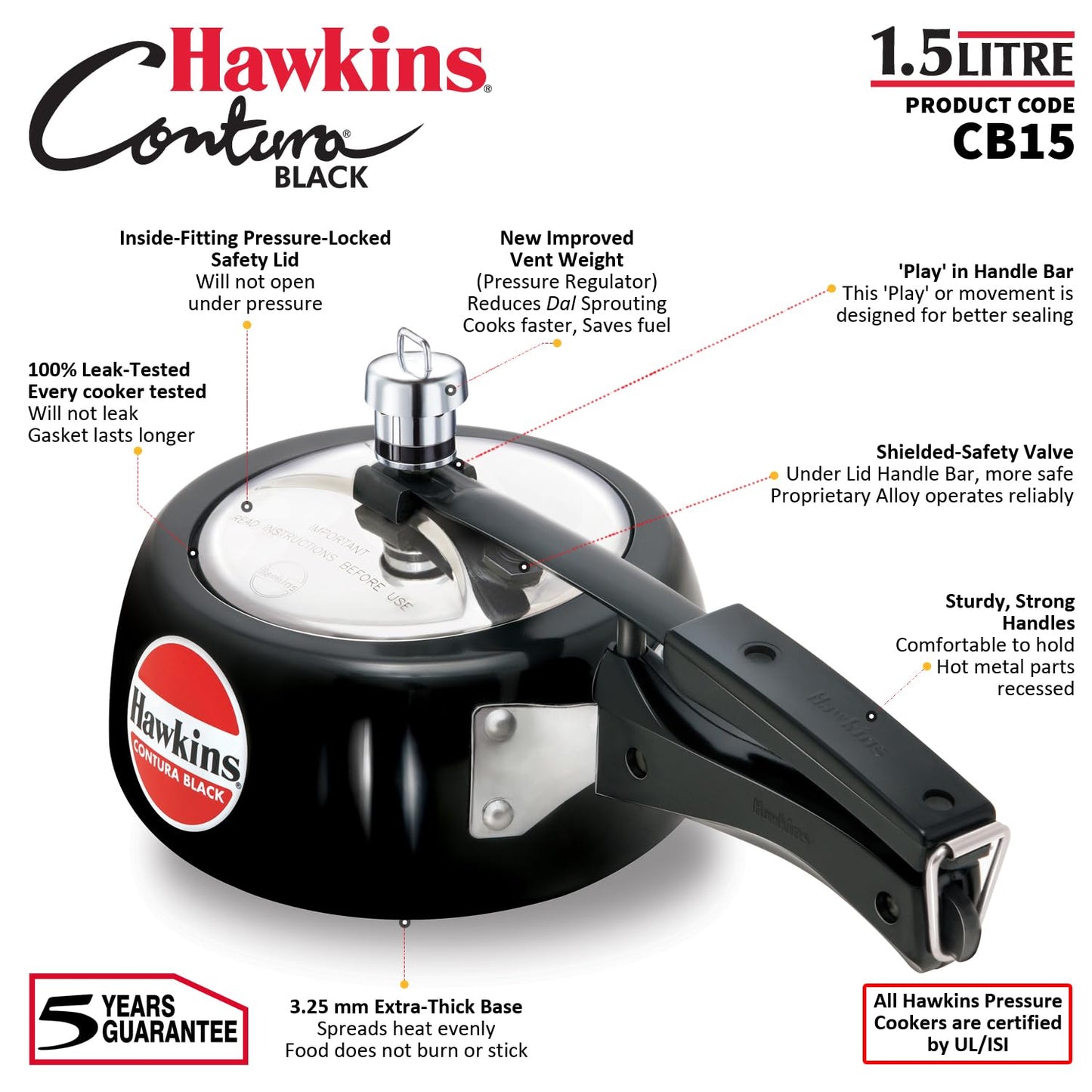 Hawkins CB15 Hard Anodised Pressure Cooker, 1.5-Liter, Contura Black