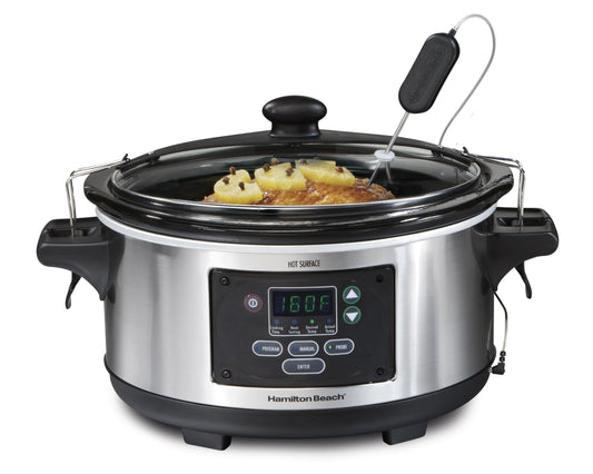 Hamilton Beach Portable 6 Quart Digital Programmable Slow Cooker Lock, Dishwasher Safe Crock & Lid, Set & Forget, Stainless Steel