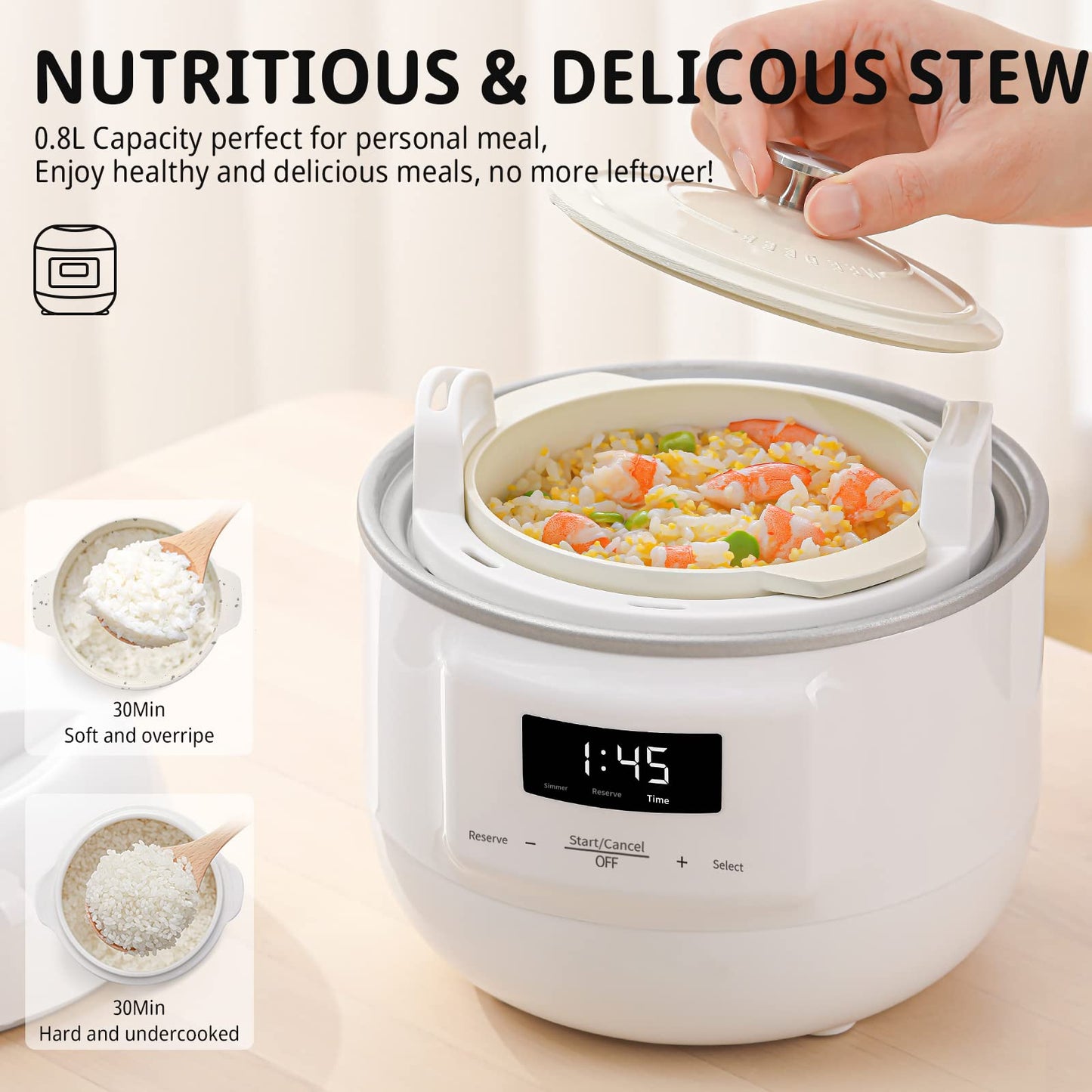 MEEDEER Slow Cooker White, Small Slow cooker 1QT, Smart Appointment, Ceramic Interior pot, Automatic Multi-function Rice Cooker, Elecric Stew, Yogurt Maker Keep Warmer