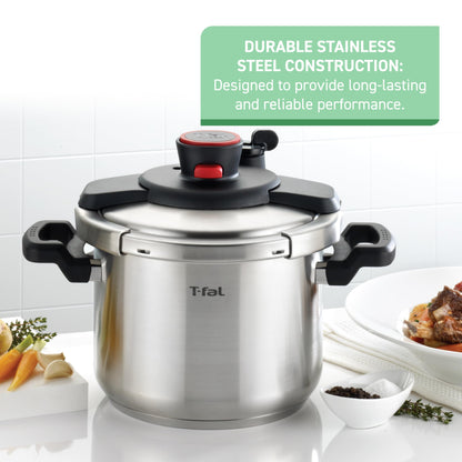 T-fal Clipso Stainless Steel Pressure Cooker 6.3 Quart, Induction , Secure locking System, One Hand System, Recipe Book Included, Cookware, Pots and Pans, Kitchen, Dishwasher Safe, Silver