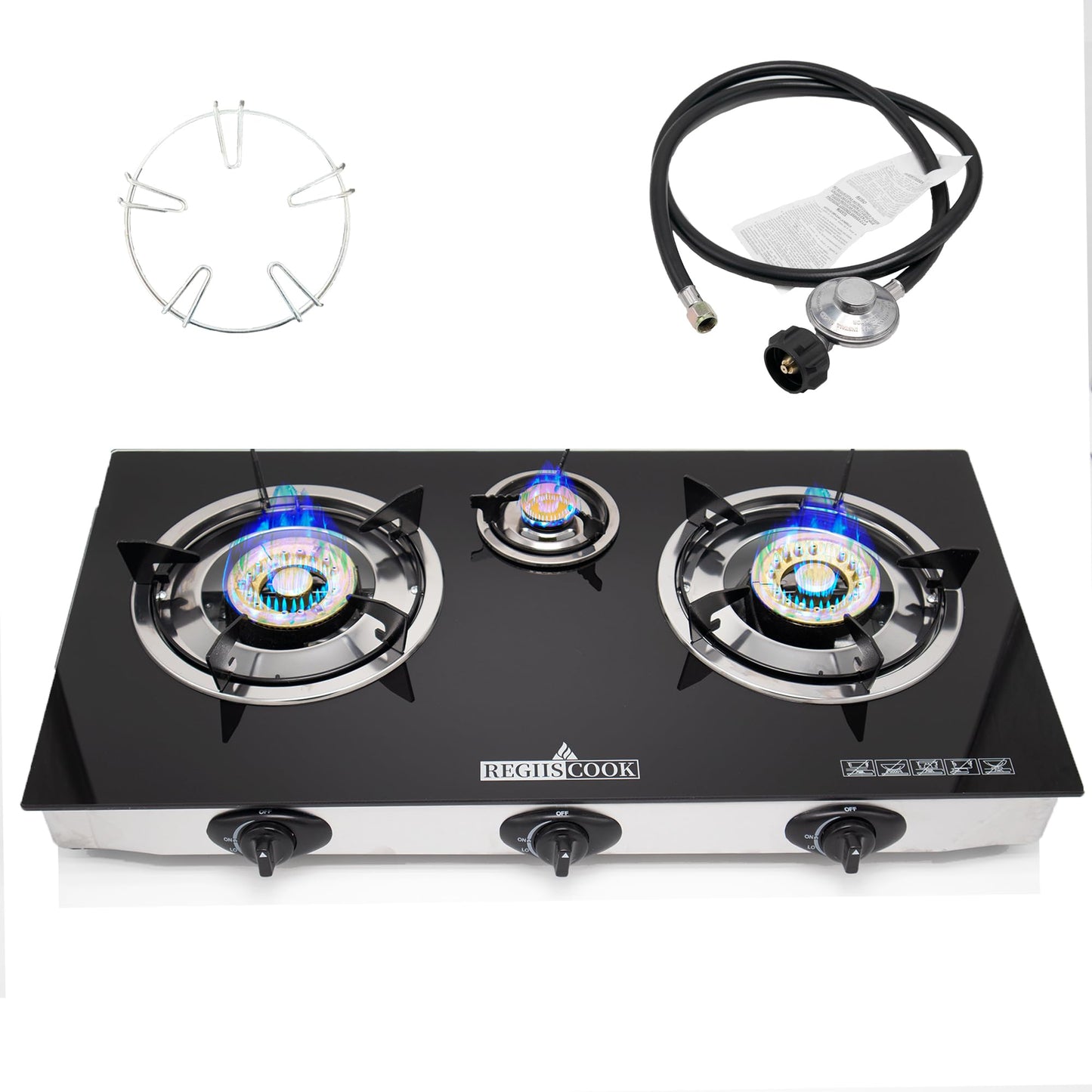 RegiisCook 3 Burner Propane Gas Cooktop,Camping Portable LPG Gas Stove, Auto Ignition Tempered Glass Countertop with regulator and burner grate