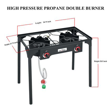 COOKAMP High Pressure Double Propane Burner Outdoor Camping Stove with 0-20 PSI Adjustable Regulator and Steel Braided Hose (Two Burner Stove)