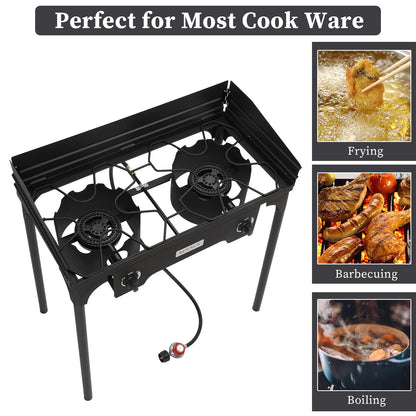 Bonnlo 2-Burner Outdoor Portable Propane Burner Stove 150,000-BTU Gas Cooker with Windscreen & Carrying Bag, Heavy Duty Iron Cast Patio Burner with Detachable Stand Legs for Camp Cooking