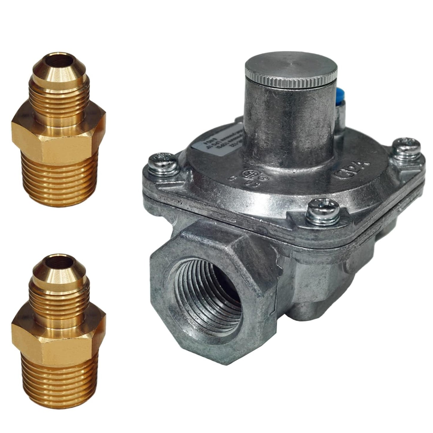 1/2 inch Gas Pressure Regulator,1/2 inch Propane Regulator w/2 Brass Adapters (1/2"x 1/4"), NG/LPG Convertible,1/2" PSI Inlet, 5-10" WC Outlet - Ideal for Gas Grill, Heater, Oven, Stove & Cooktops