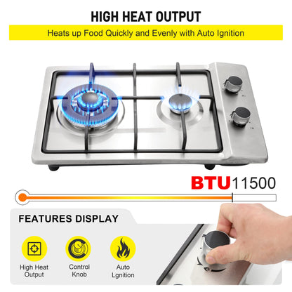 12" Gas Cooktops, 2 Burner Drop-in Propane/Natural Gas Cooker, 12 Inch Stainless Steel Gas Stove Top Dual Fuel Easy to Clean (12Wx20L)