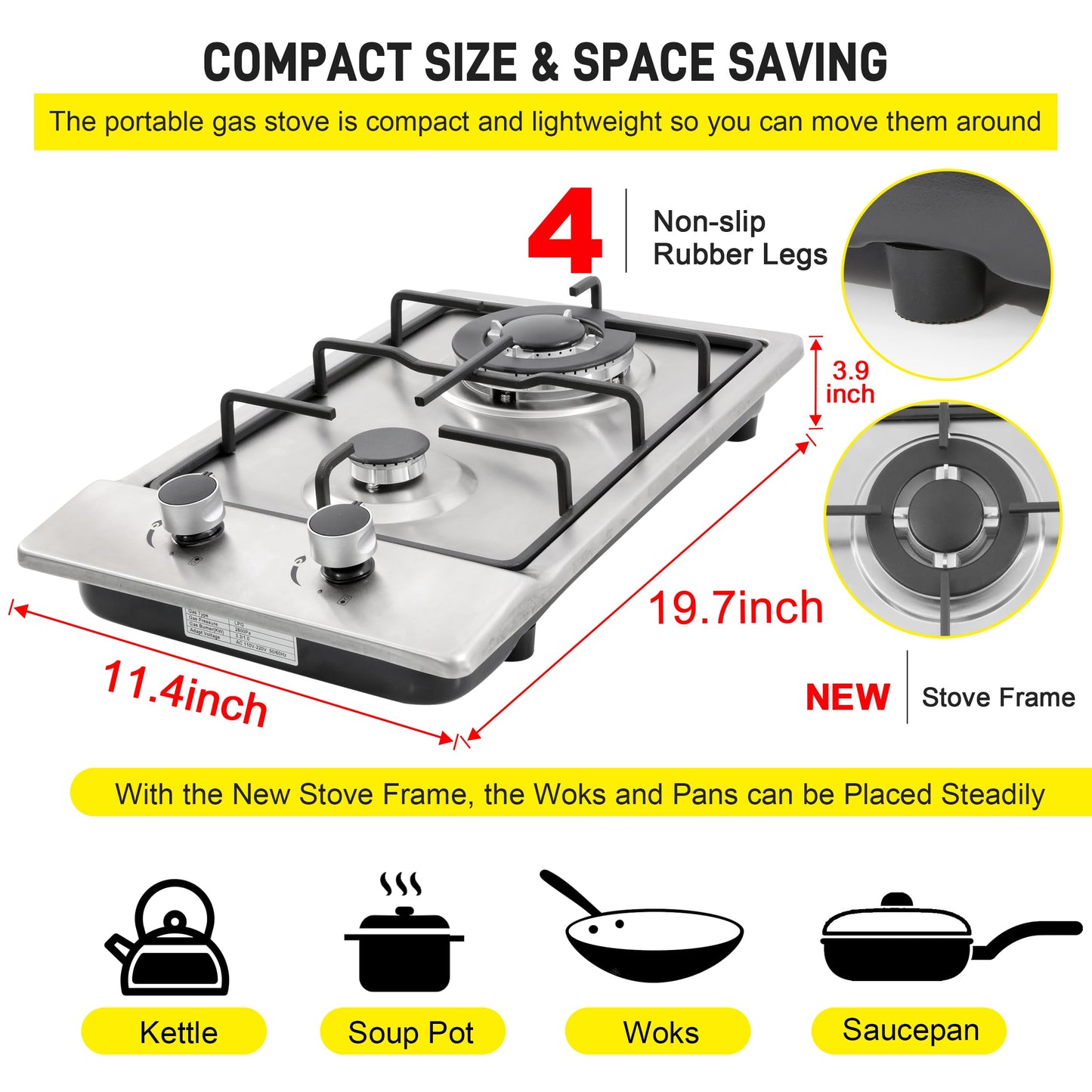 12" Gas Cooktops, 2 Burner Drop-in Propane/Natural Gas Cooker, 12 Inch Stainless Steel Gas Stove Top Dual Fuel Easy to Clean (12Wx20L)